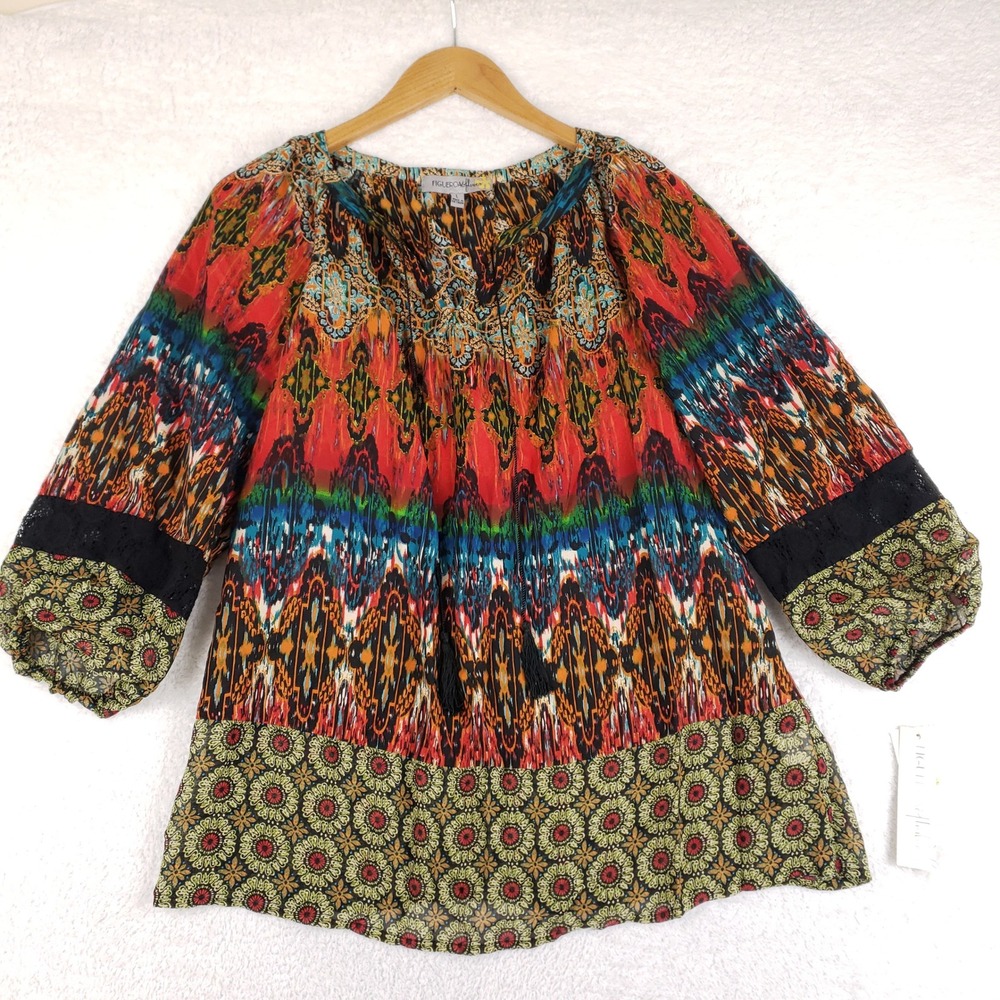 Figueroa & Flower Womens Boho Ikat Medallion Tassel Tunic Top Red L Festival
